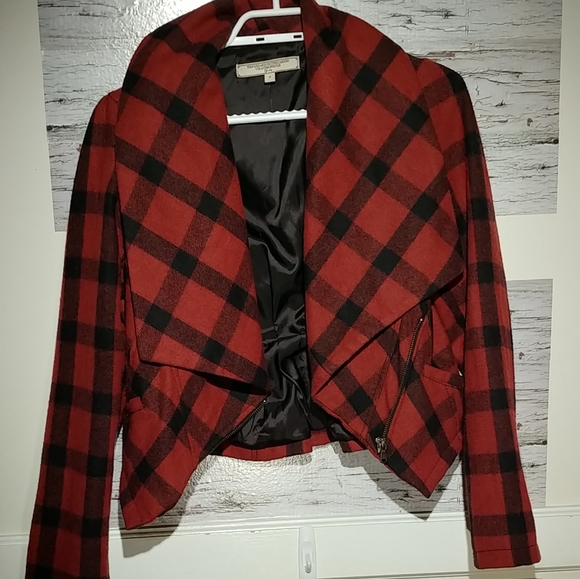 Small Cropped Plaid Wool Jacket w/ Asymmetric Zip - Picture 1 of 5